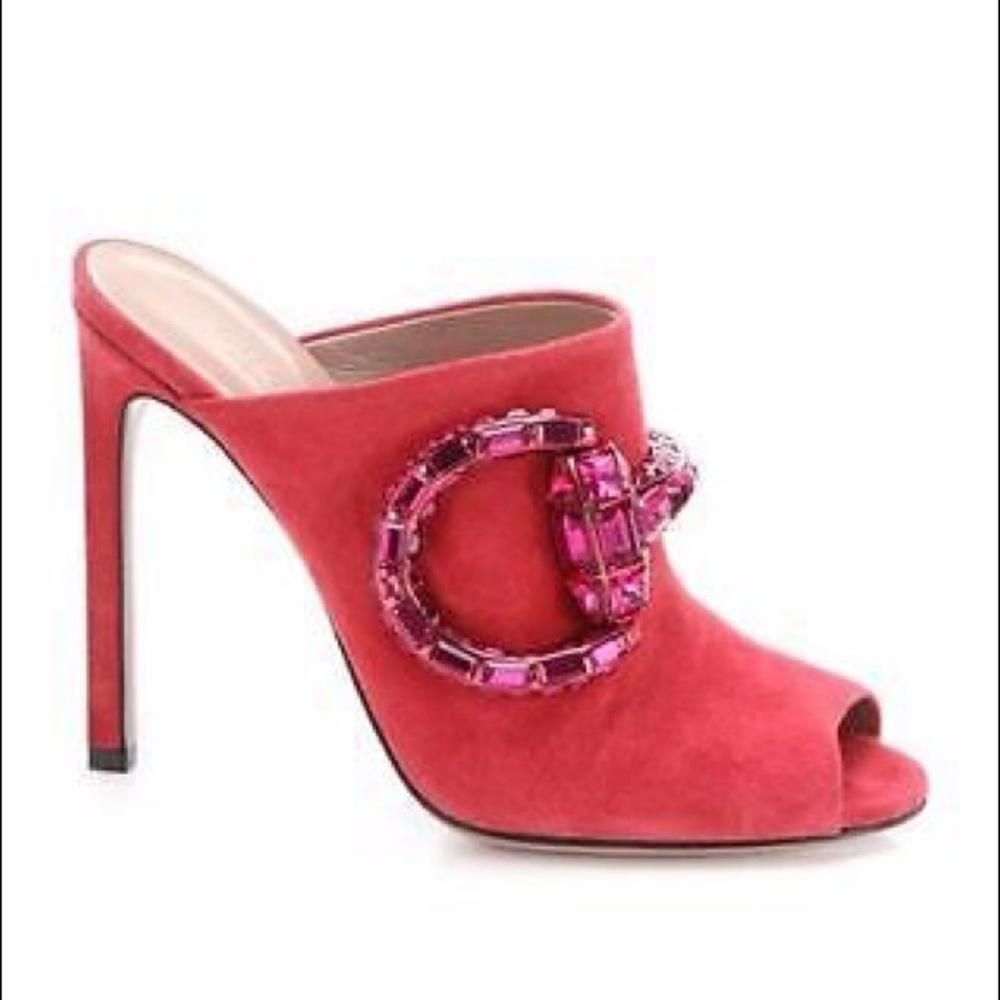 Gucci Pink Maxime Crystal Suede Mule Heels